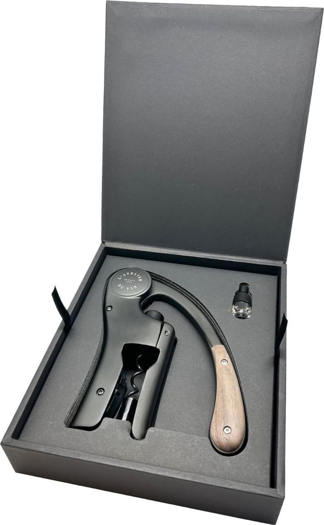 Korkenzieher mit vertikalem Hebel - Schnell und kompakt - Mattes Metall und massives Walnuss - schwarze Farbe - Oeno Motion Black&Wood