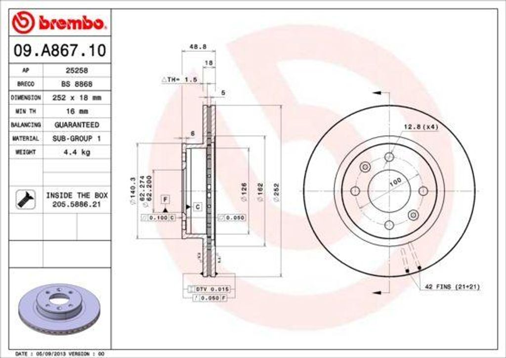 BREMBO 09.A867.10 Bremsscheibe OE 517120X700 kompatibel mit Picanto, i10