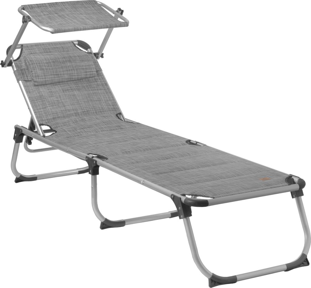 CampFeuer Sonnenliege mit Dach, Grau Meliert, Alu Campingliege, Gartenliege mit Sonnendach