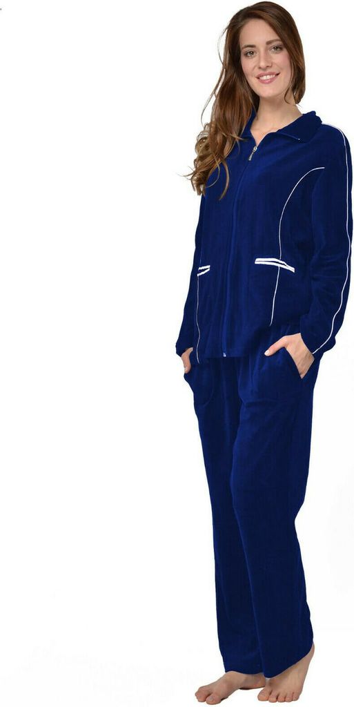 RAIKOU Damen Velours Nicki Freizeitanzug Hausanzug Nicki-Anzug mit Reißverschluss und Satinband Royal Blau 36/38 M