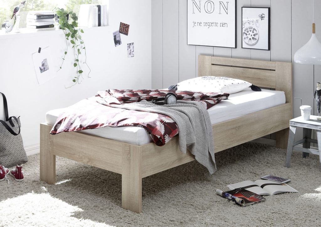 Bett "SATURN" Einzelbett Bettgestell mit Komforthöhe Eiche Produktbild 