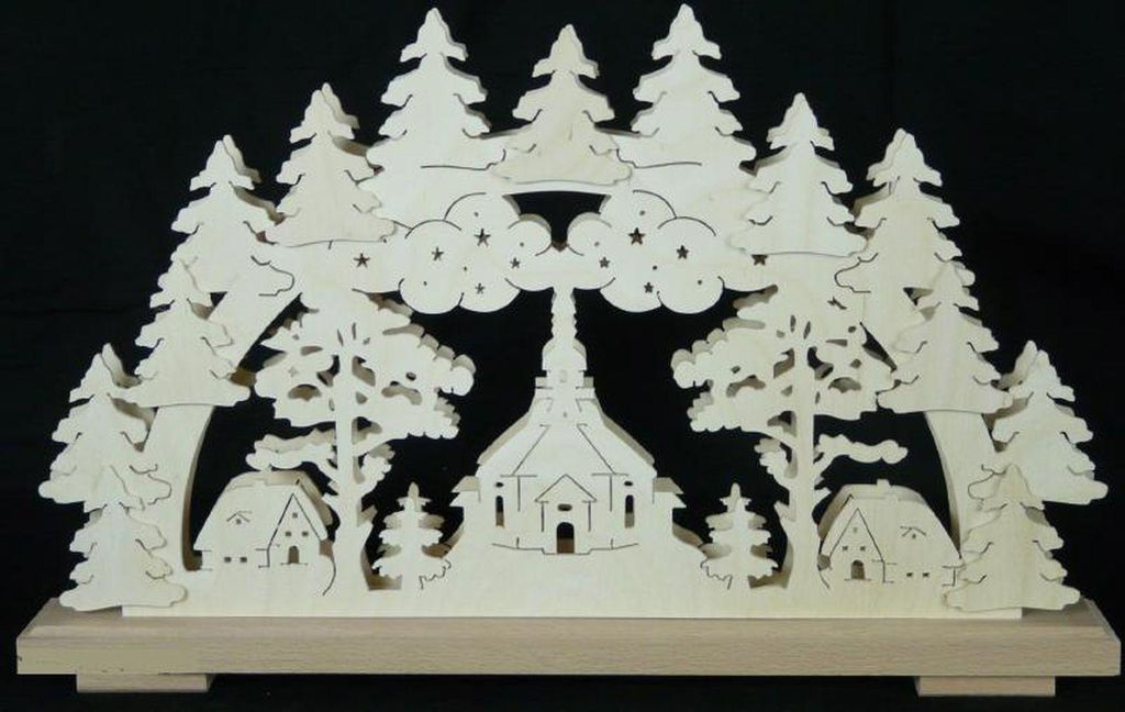 Schwibbogen mit Seiffener Kirche Wald und Beleuchtung BxHxT 50x31x7cm NEU