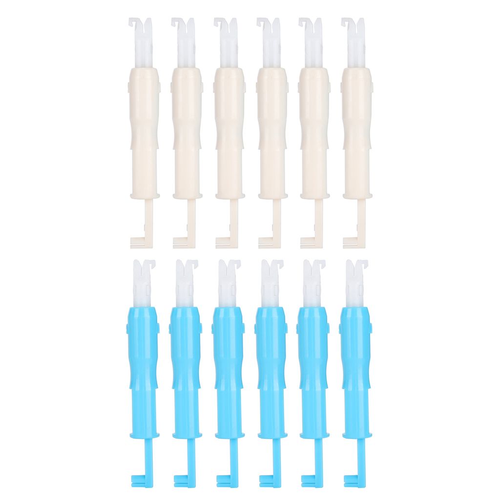A top-down view of two rows of plastic sewing tools against a white background.