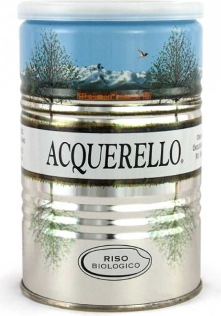 A tin of Acquerello Carnaroli rice with a landscape illustration on the top half.