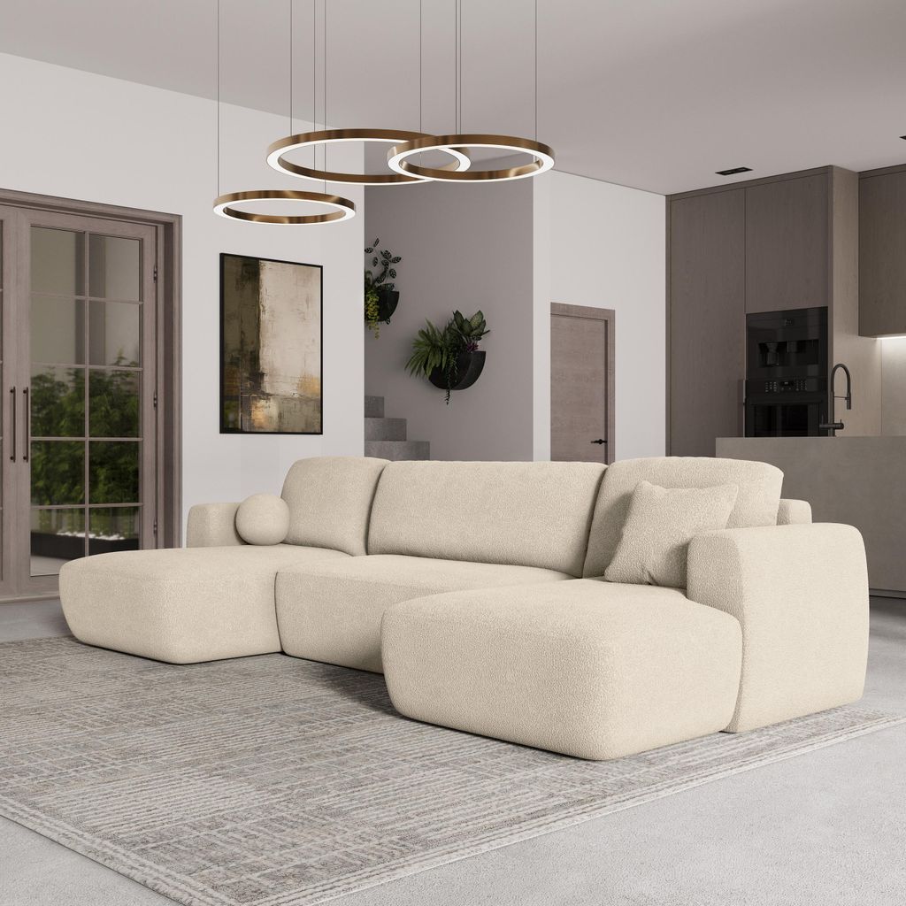 Masseno Ecksofa SENTUM N mit Schlaffunktion U-Form, Sofa mit Bettkasten, Wohnzimmersofa, Couch, Soffa, Bettsofa, Couchgarnitur- Creme, NOW OR NEVER 02