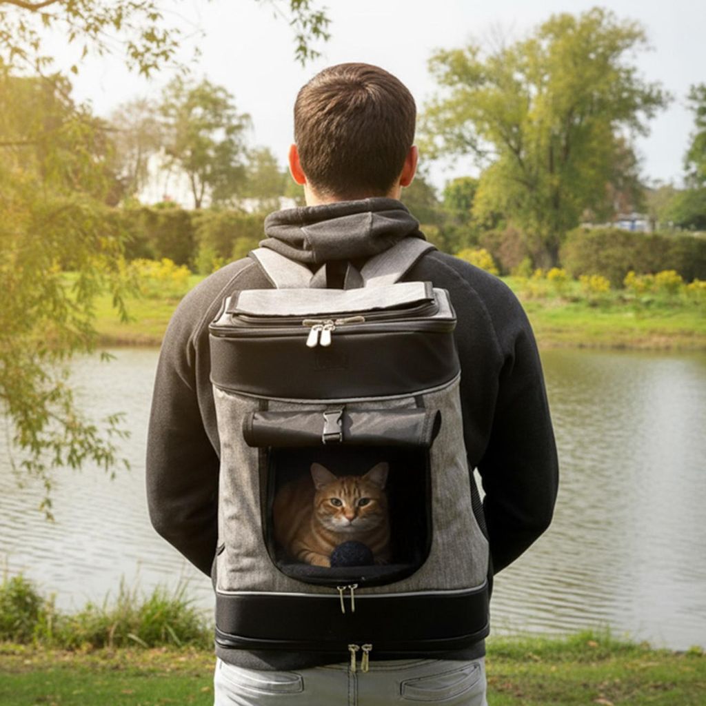 belviona Rucksack für Hunde & Katzen, stabil & sicher, mit Belüftung, Trinkflaschenfach & Regenschutz, grau/schwarz