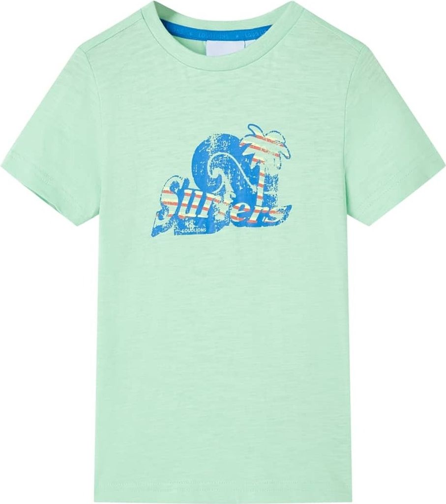 Kinder T-Shirt "Surfers" Hellgrün Größe 128 mit Wellen- und Baum-Aufdruck aus 100 % gekämmter Baumwolle