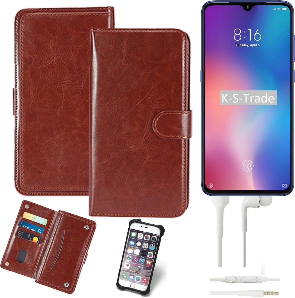 K-S-Trade 360° Hülle kompatibel mit Xiaomi Mi 9 SE inkl. Headphones braun Kunstleder Case BookCase WalletCase Kunstlederederhülle Handyhülle,