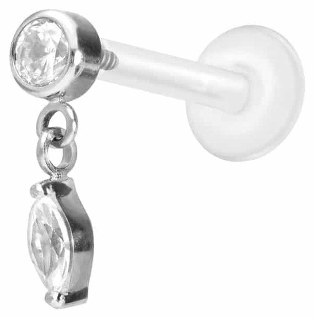Ohrpiercing, Nasenpiercing PTFE Labret mit Innengewinde + Titan-Aufsatz KRISTALL + KRISTALLTROPFEN Silber Stablänge: 10mm | Stabstärke: 1,2mm