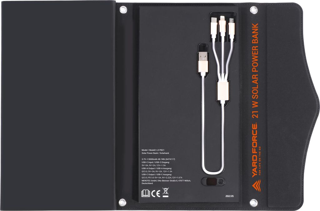 Yardforce Powerbank mit Solarmodul LX PB21 mit einer Akkukapazität von 13000 mAh schwarz One Size