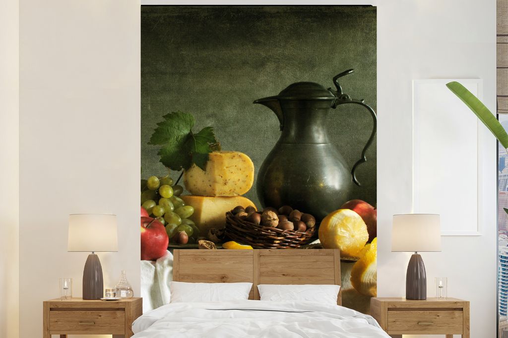 MuchoWow Fototapete für Wohnzimmer oder Schlafzimmer Wandtapete Vinyl Motivtapete Rustikal - Käse - Teekanne - Obst - Stilleben - 180x280 cm - ...