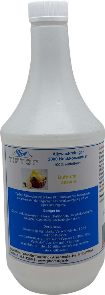 TIPTOP Allzweckreiniger 2000 Konzentrat 1 Liter mit Dosierkopf - Duftnoten zur Auswahl – Zitrone