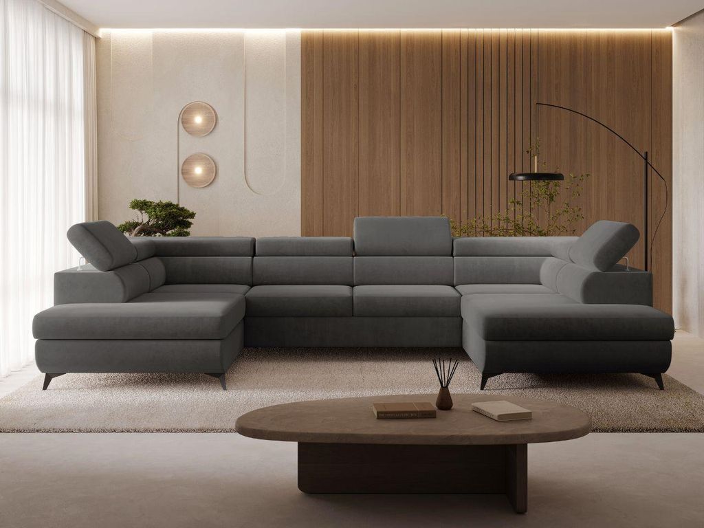 GrainGold Ecksofa U-Form Argon - Ecksofa mit Schlaffunktion, Bettkasten - Moderne Ecksofa, Wohnzimmer Sofa - Eckcouch mit Velvet-Stoff - Dunkelgrau...