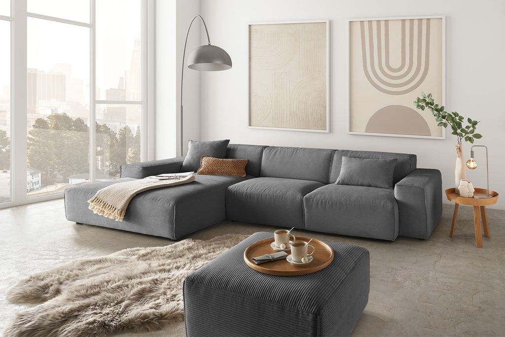 KAWOLA Sofa RANI Ecksofa Cord grau Recamiere links