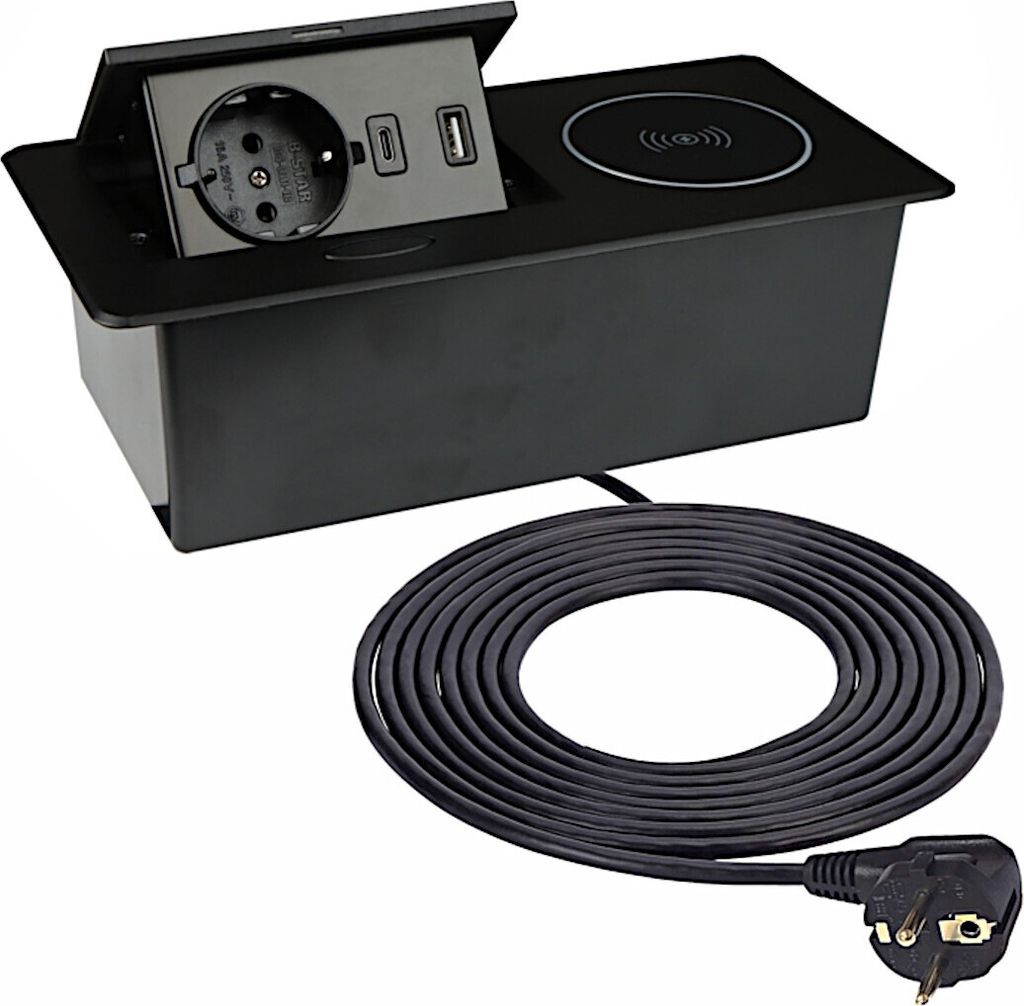 DesignLight ZEOBOX schwarz mit 1x Schuko, 1xUSB A und C und Induktionsladegerät / Tischsteckdose