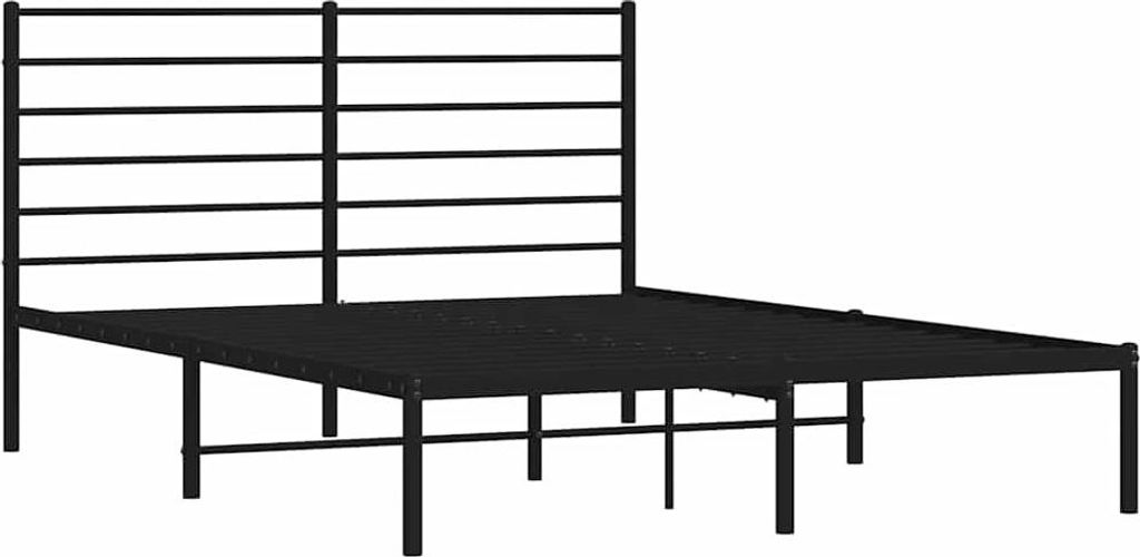 A black metal bed frame with a slatted headboard is shown against a white background.