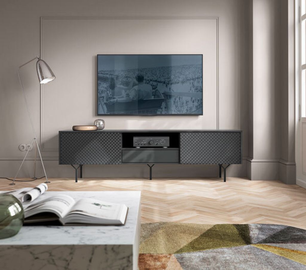 Lowboard TV-Unterschrank Raven 180x38x51cm schwarz mit 3D-Optik
