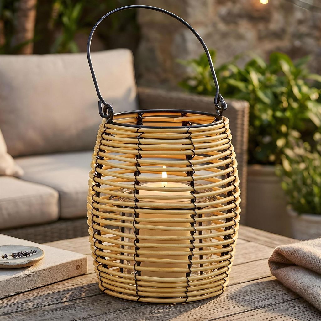 Deko Laterne Windlicht Natur Schwarz Metall Glas Tischdeko Kerzenhalter Geflecht Boho Sommer Skandi