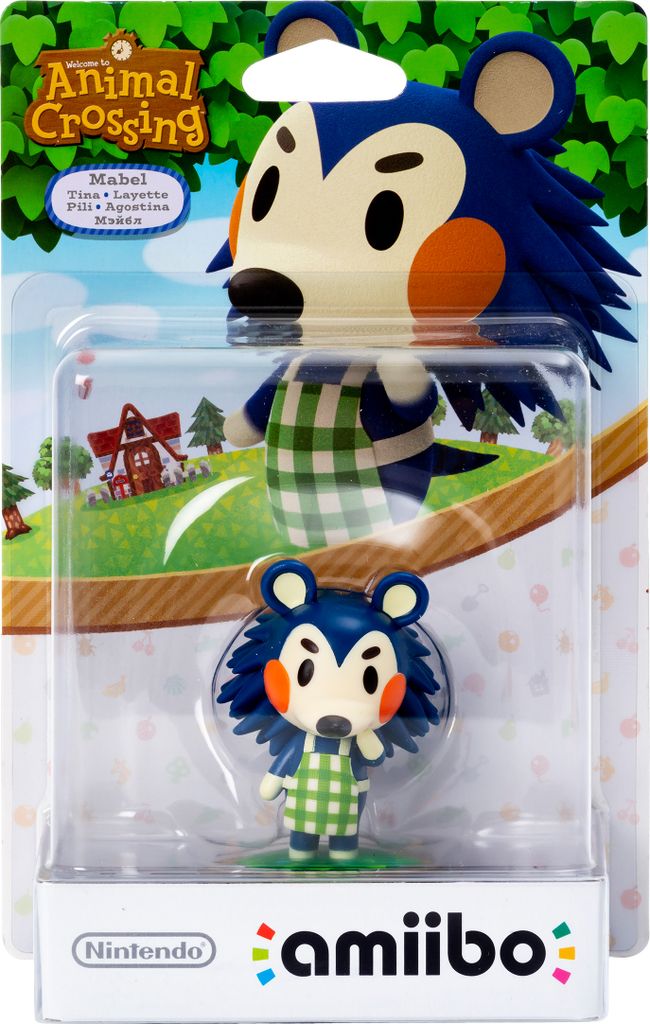 A packaged amiibo figure of Mabel from Animal Crossing, displayed in its retail packaging.