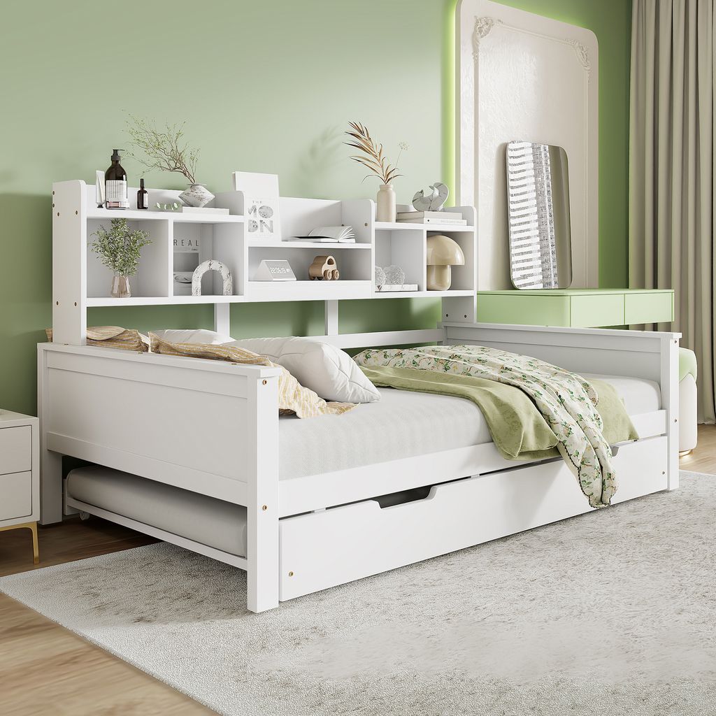 okwish Schlafsofa Daybett Multifunktionsbett(90×200 cm& 90x190cm) mit Ausziehbett,Holzbett mit Staufach und Lattenrost ,ohne Matratze, Weiß