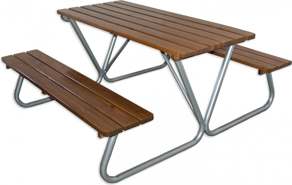 Casa Padrino Picknicktisch mit integrierten Sitzbänken Dunkelbraun / Silber 180 cm - Picknick Möbel