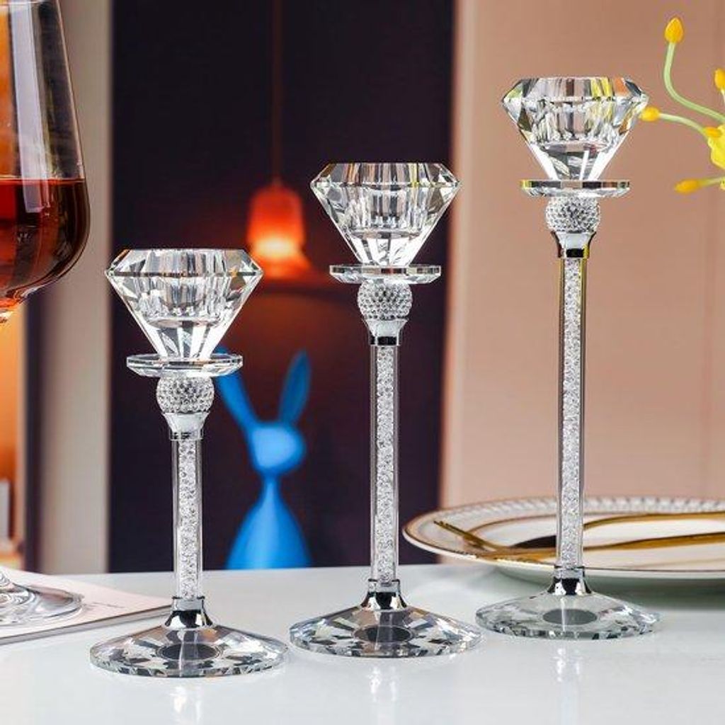 Kristall-Kerzenständer, Kerzenhalter aus Kristallglas, 3er-Set, rautenförmiger exklusiver Kerzenständer, 17/20/23 cm hoch, moderne Tischdekorati...