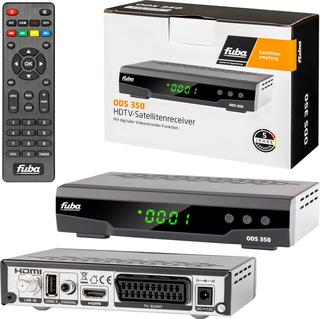 A product shot of a FUBA ODS 350 HDTV satellite receiver, its remote control, and its packaging.
