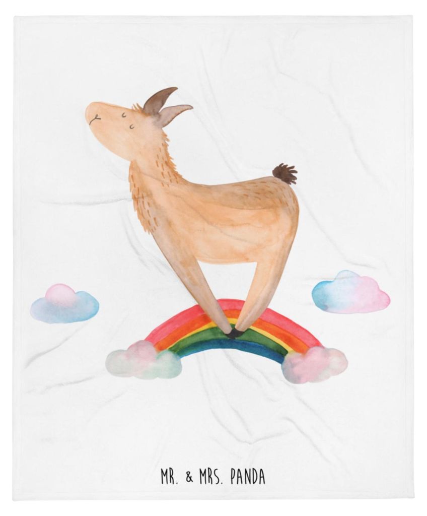 Mr. & Mrs. Panda Tagesdecke Lama Regenbogen - Weiß - Geschenk, Flauschige Decke, Kuscheldecke, Selbstständig, Freiheit, Plaid, Bettdecke, Lamas, ...