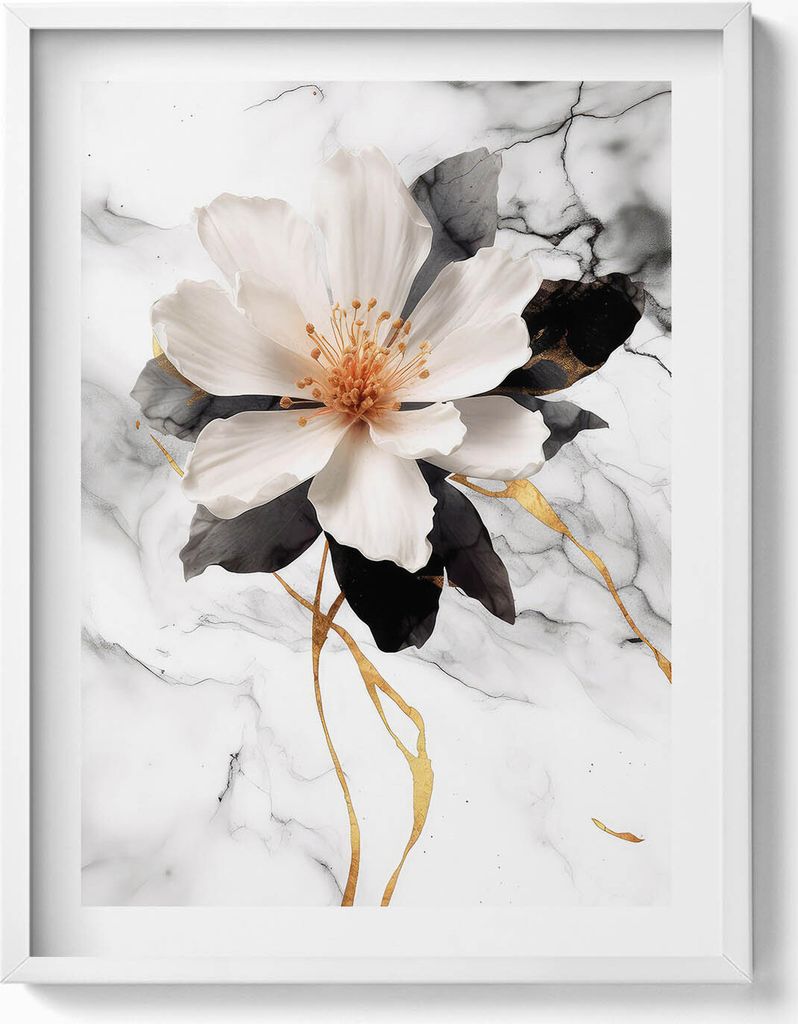 Marmorkomposition mit Blumen– Wandbild mit Rahmen – Gerahmtes Bild – Wanddekoration – 60x80 cm – Weiß Rahmen