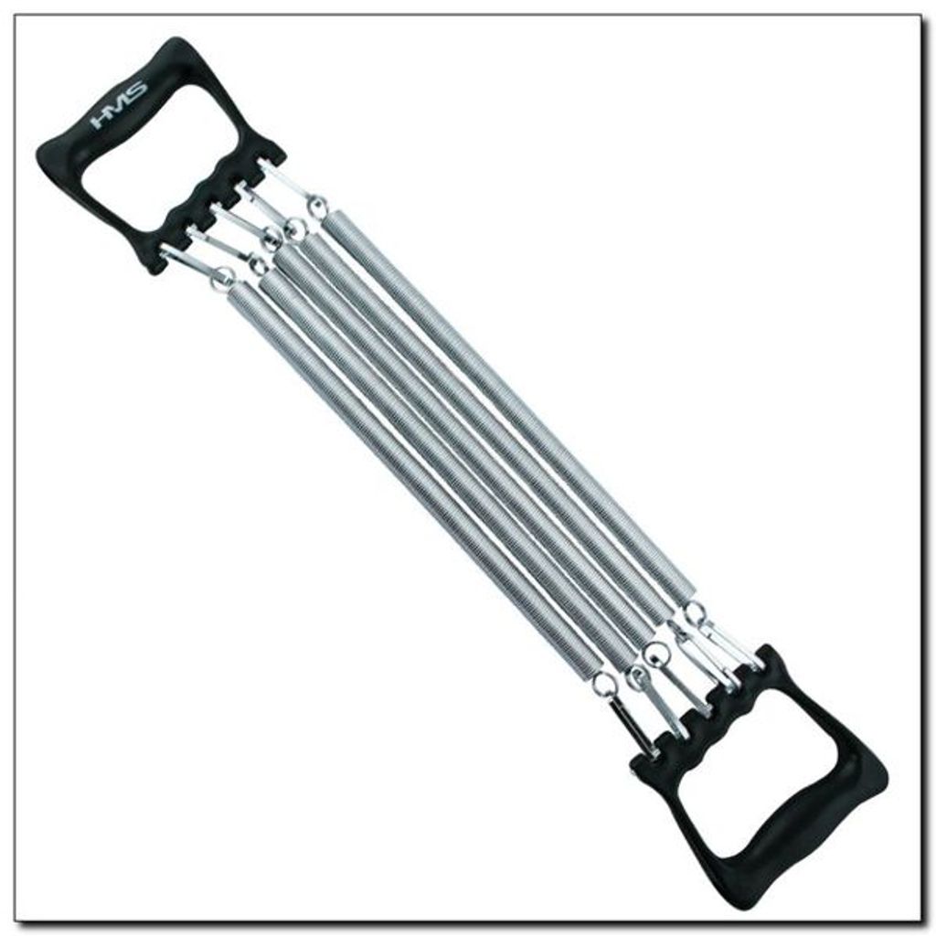 A chest expander with black handles and silver springs, isolated on a white background.