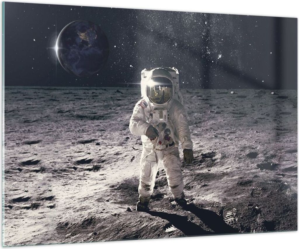 Bilder auf glas - Einteilig - Mond Erde Astronaut - 100x70cm - Glasbilder - Wandbilder - Bilder - zum Aufhängen bereit - Wanddekoration aus Glas -...