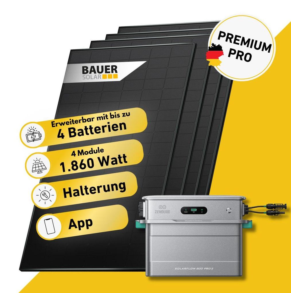 1860 Watt, Bifazial Komplettset, Balkonkraftwerk, Zendure Solarflow 800 Pro 2, Halterung Balkon und MC-4 Verlängerungskabel