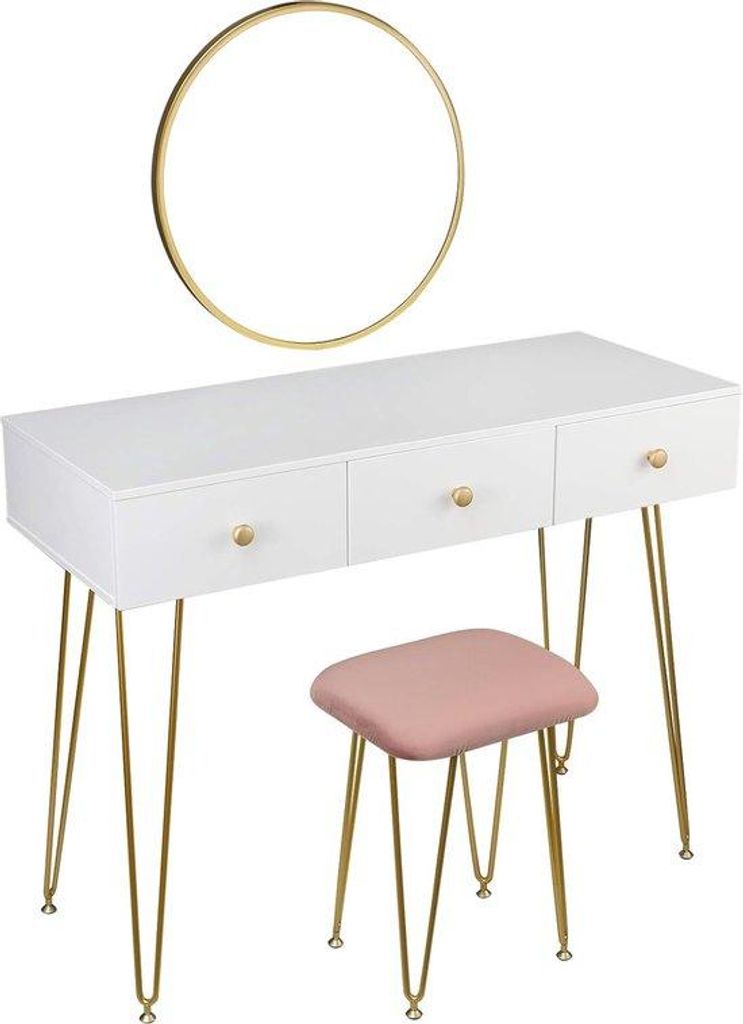 Make-up-Tisch mit Spiegel und Stuhl - Multifunktionaler Schminktisch mit 3 Schubladen, Weiß und Gold