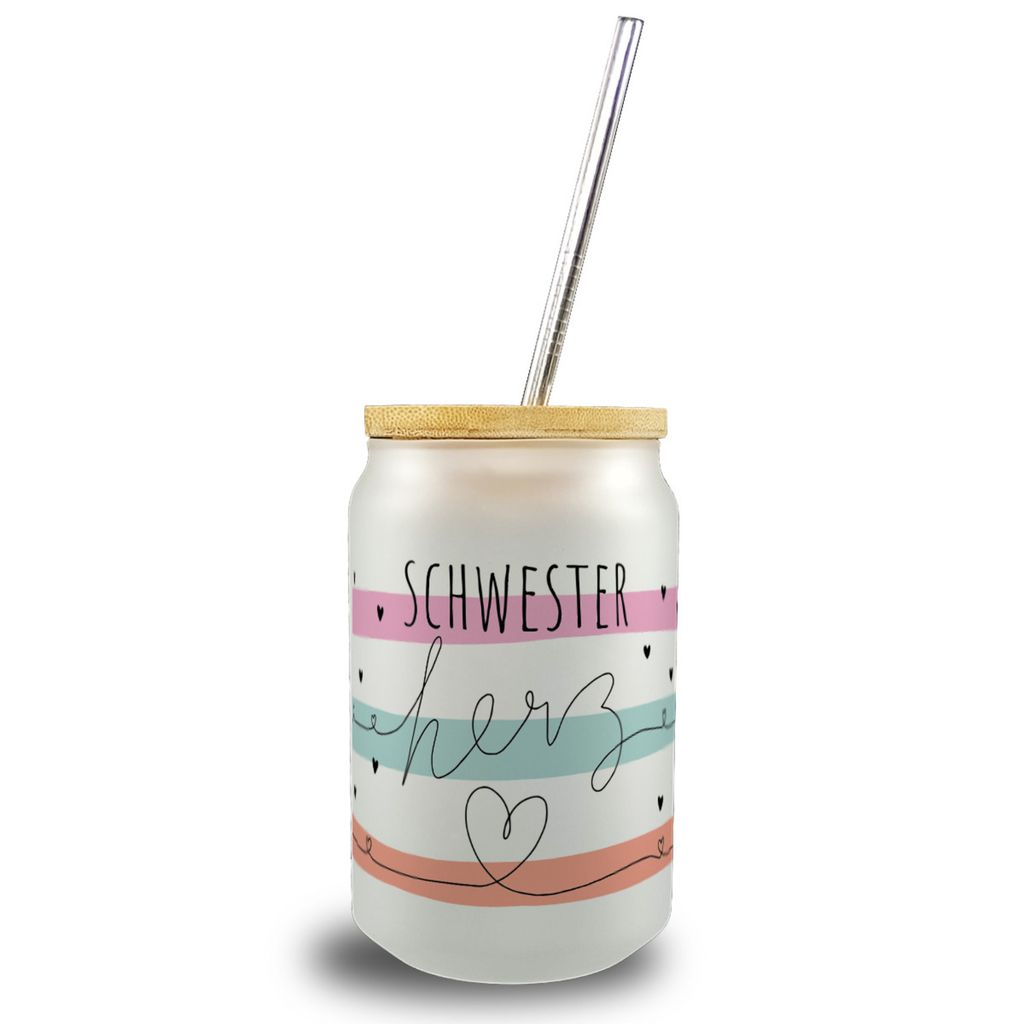 Herzen Trinkglas mit Bambusdeckel mit Spruch Schwesterherz Produktbild 