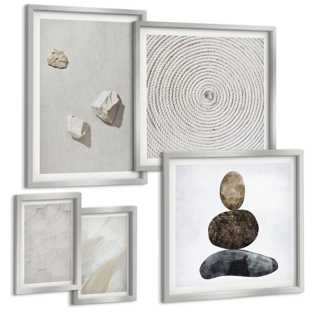 Bilder Set 5-teilig im silbergerahmten Rahmen – Wandbilder 5 Stück – gerahmte Poster für Wohnzimmer, Schlafzimmer und Flur – 50x50 cm - 40x...