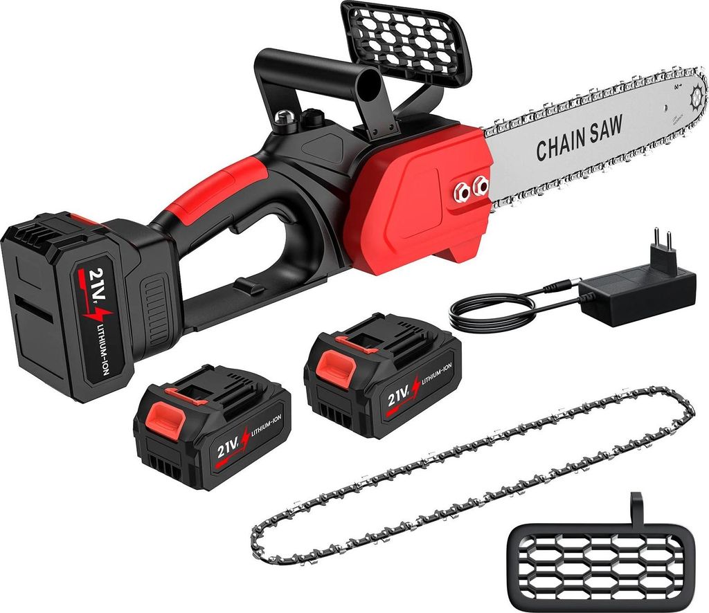 Akku-Kettensäge - Handliche Astsäge - 21V - Bürstenloser Motor - Schwert 30 cm - 2 Akkus - Gewicht 3,6 kg - Karmesinrot