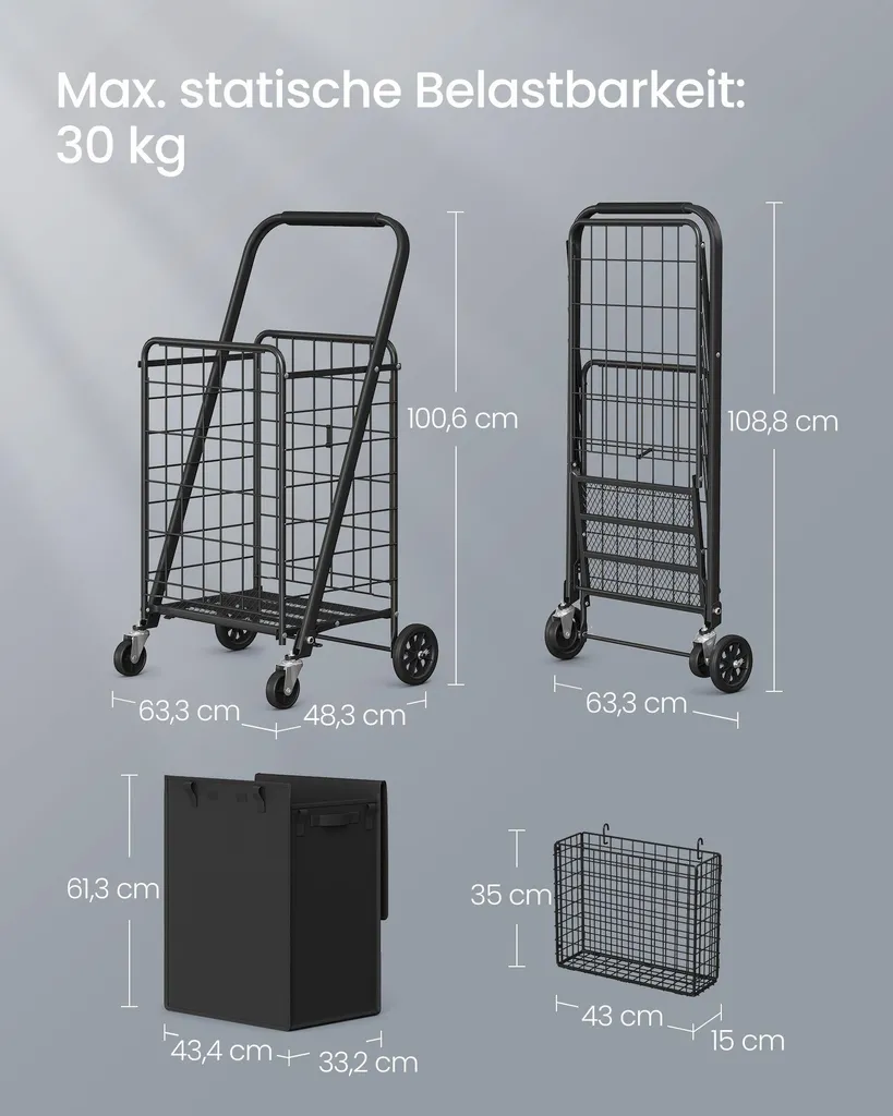 Poussette de marché robuste noire avec roues 360° multidirectionnelles - 5