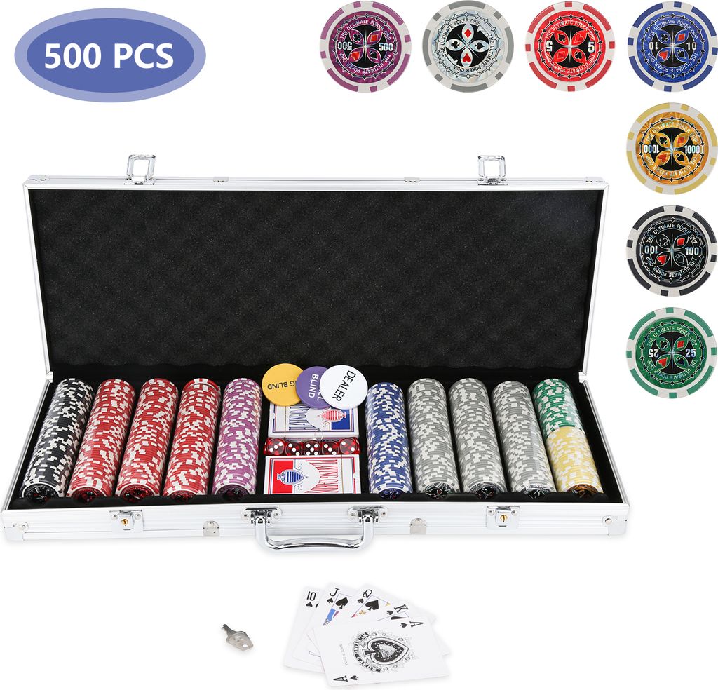 Jopassy Pokerchips Kartenspiele Metallbox Tischauflage Pokerkoffer CHIP 500 Chips Pokerset 2x Poker