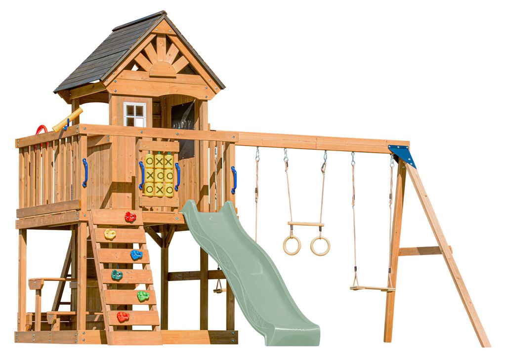 AXI Jack Spielturm aus Holz in Braun mit Doppelschaukel | Spielplatz für Kinder mit Pastellgrün Rutsche, Schaukel, Trapez, Kletterwand, Picknickt...