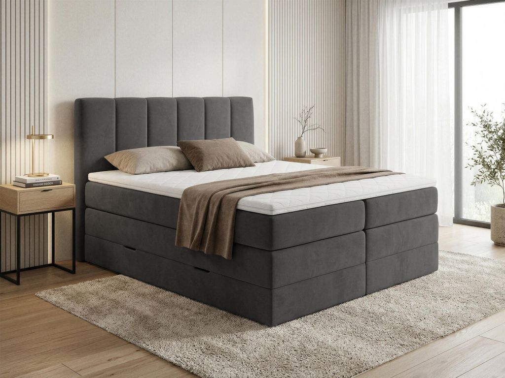 Boxspringbett Star XL mit 2 Bettkästen und Topper, mit Taschenfederkern- und Bonellfederkernmatratze, Doppelbett, Polsterbett aus Veloursstoff mit...