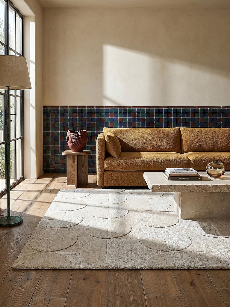 Teppich-Läufer Kurzflor DEBEN Kreis-Relief Wolle 60x230 cm Elfenbein Flurläufer Küchenläufer retro modern zeitlos wohnlich | Kadima Design