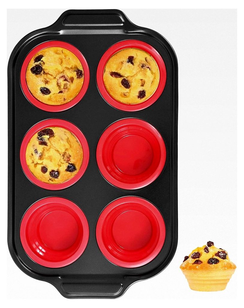 Silikon Muffinform mit Metallrahmen, Muffin Backblech 31 x 18 cm, beschichtet, Standardgröße, für 6 Muffins, Rot