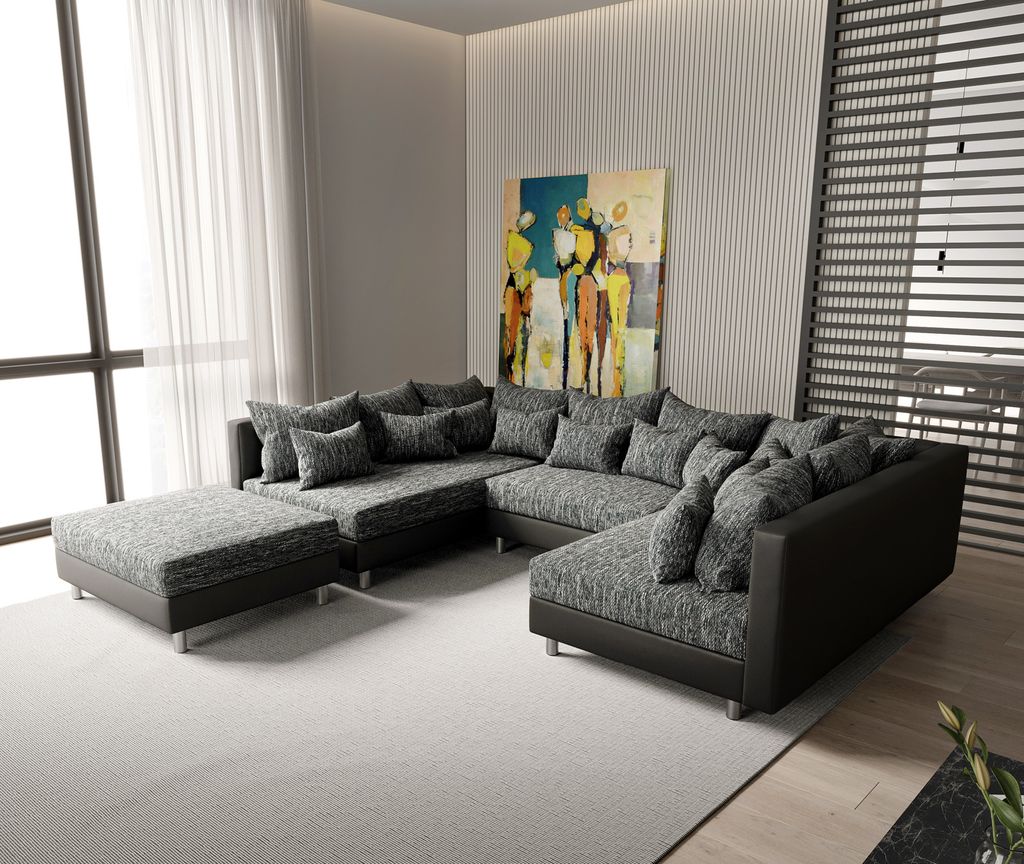 DELIFE Wohnlandschaft Clovis Schwarz Modulsofa mit Hocker