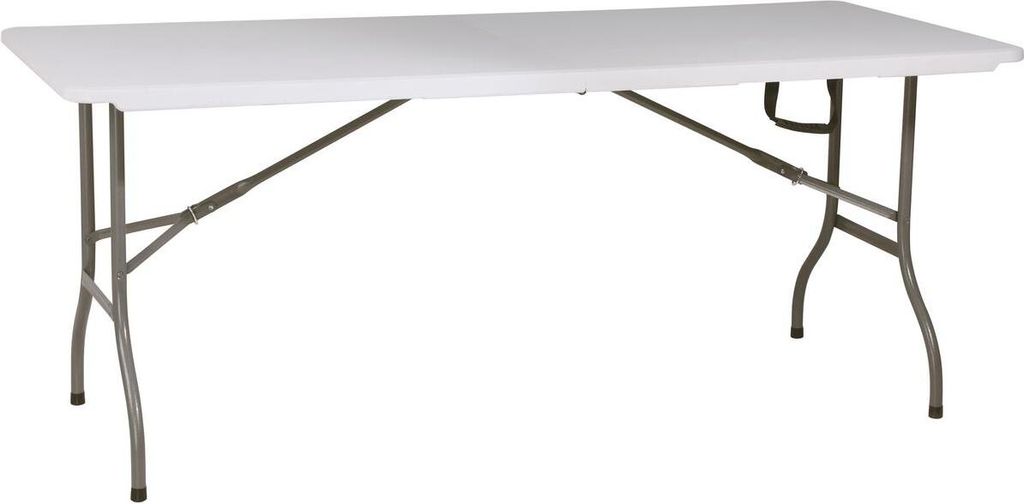 A white folding table with gray metal legs on a white background.