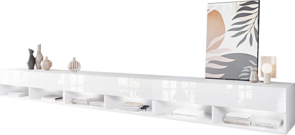 MIRJAN24 TV-Lowboard A300, TV-Tisch mit 3 Klappe, Stehend / Hängend, Wohnzimmer TV-Scharnk (Farbe: Weiß / Weiß Hochglanz, mit weißer LED Beleuc...