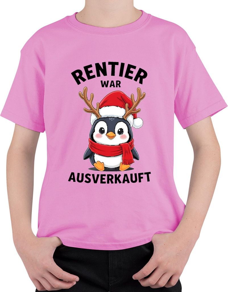 Rentier war t Weihnachten süßer Pinguin Santa Hut Uni Kinder T-Shirt, Pink, 128