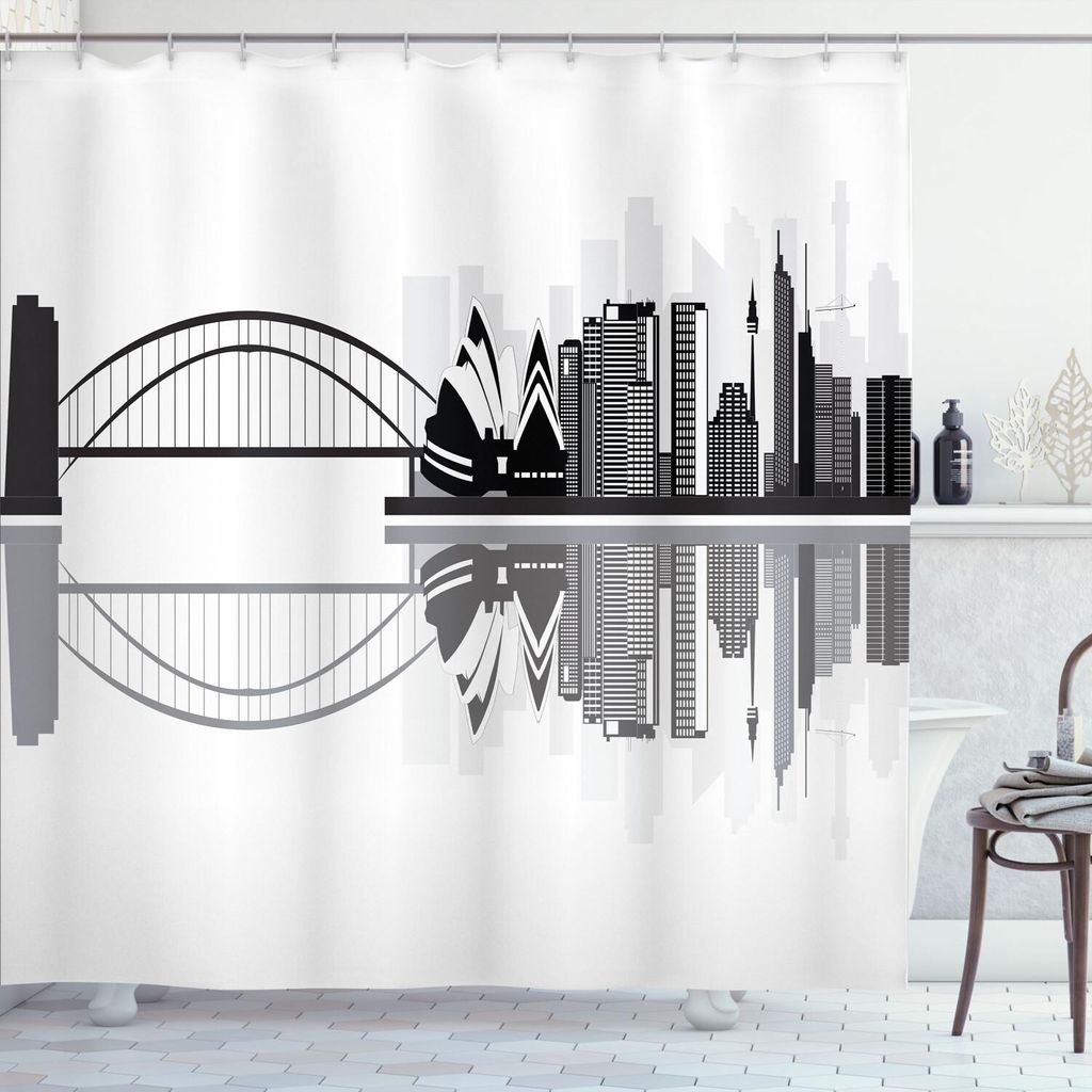 ABAKUHAUS Aussie Duschvorhang, Sydney Skyline Einfarbige Stadt Silhouette mit Reflexion, 175 x 180 cm, Anthrazit grau Hell Grau