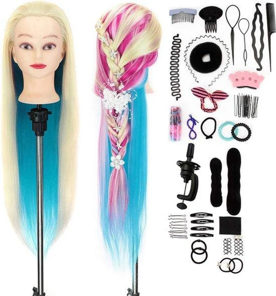 Tête à coiffer multicolore 66 cm avec pinces offertes