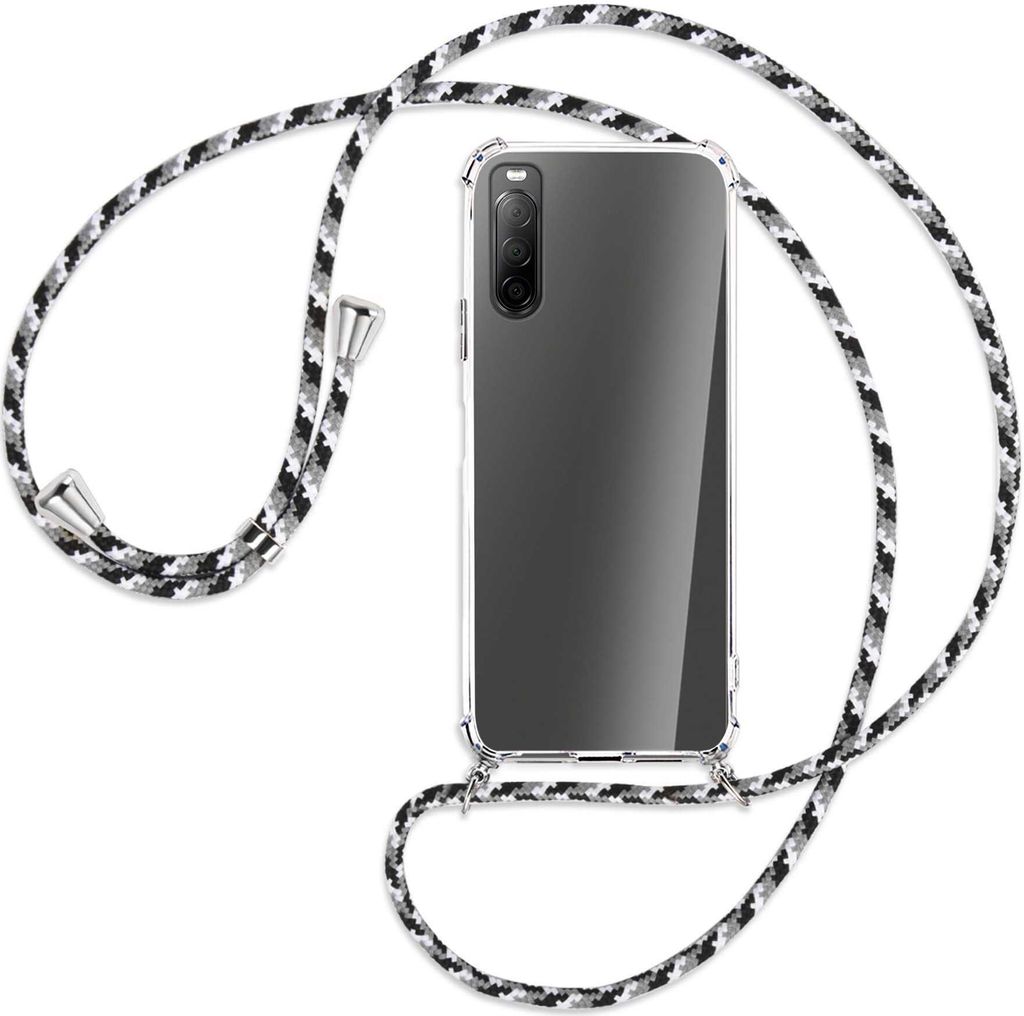 Handykette Backcover-Schutzhülle mit Band (Metall silberfarben) für Sony Xperia 10 II - schwarz/grau/weiß