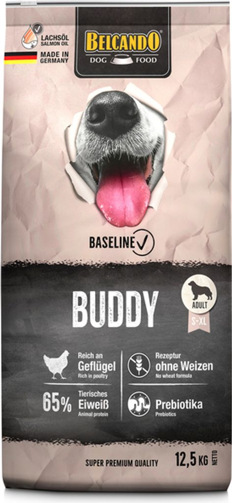 A bag of dog food with a dog's face peeking through a torn paper background.